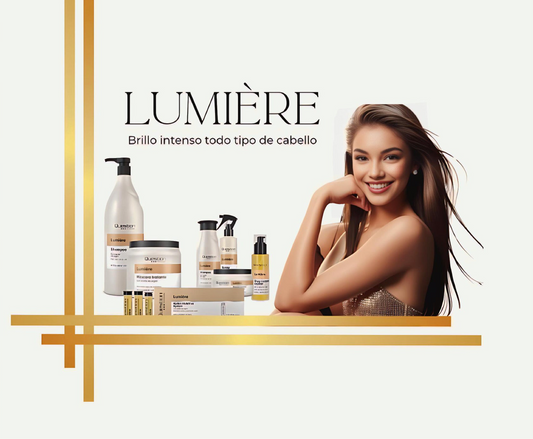 Línea Lumière | Shampoo + Acondicionador  formato grande +Shampoo + Acondicionador  formato pequeño + Spray +  óleo + caja de 12 Ampollas (brillo y nutrición)